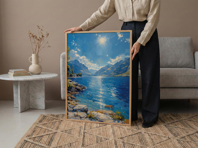Queenstown Lake View Nature Poster, Majestic Mountain Home Decor - New Zealand Water Summer Beauty