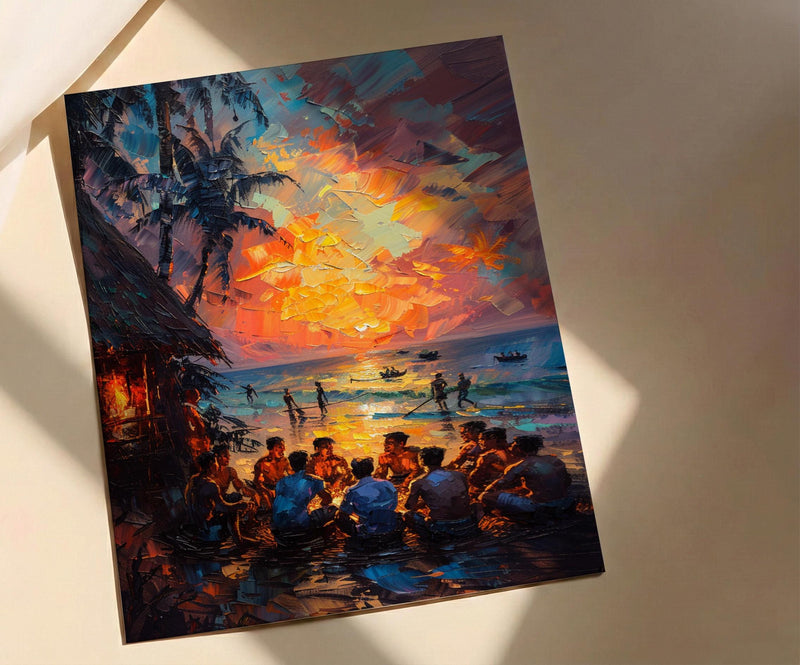 Fiji Kava Ceremony Art Print, Island Village Home Decor - Traditional Evening Gathering Summer Setting