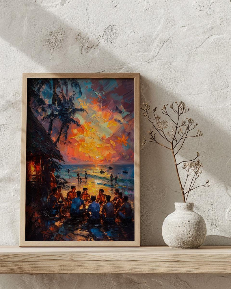 Fiji Kava Ceremony Art Print, Island Village Home Decor - Traditional Evening Gathering Summer Setting