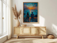 Sunrise Yoga Beach Art Print, Calm Ocean Home Decor - Wooden Deck Coast Summer Retreat