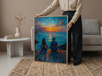Sunrise Yoga Beach Art Print, Calm Ocean Home Decor - Wooden Deck Coast Summer Retreat