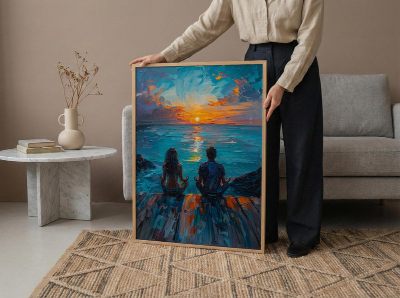 Sunrise Yoga Beach Art Print, Calm Ocean Home Decor - Wooden Deck Coast Summer Retreat