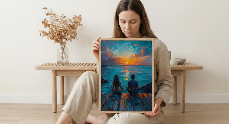 Sunrise Yoga Beach Art Print, Calm Ocean Home Decor - Wooden Deck Coast Summer Retreat