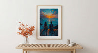 Sunrise Yoga Beach Art Print, Calm Ocean Home Decor - Wooden Deck Coast Summer Retreat
