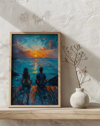 Sunrise Yoga Beach Art Print, Calm Ocean Home Decor - Wooden Deck Coast Summer Retreat