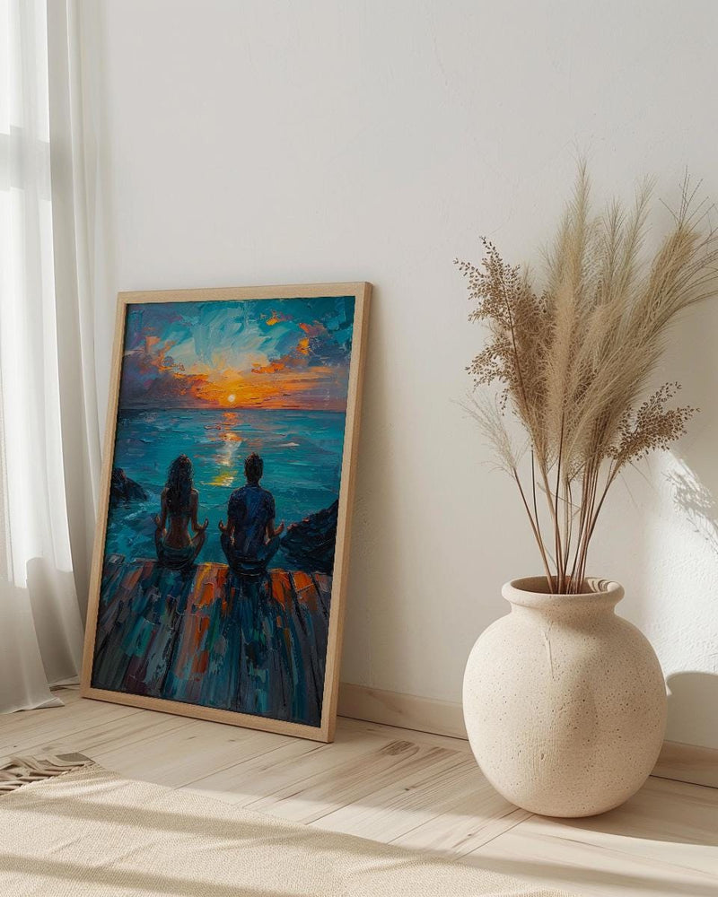 Sunrise Yoga Beach Art Print, Calm Ocean Home Decor - Wooden Deck Coast Summer Retreat