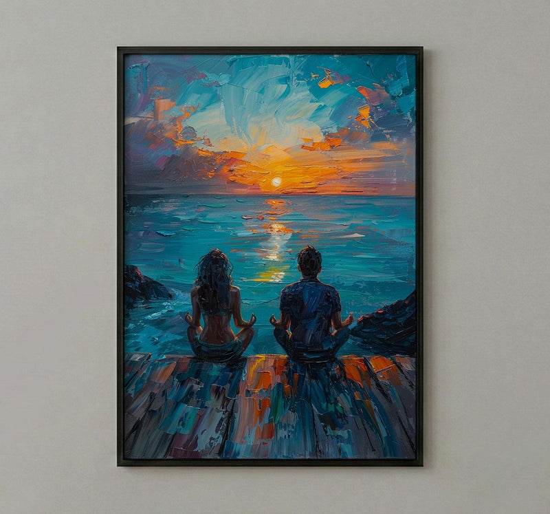 Sunrise Yoga Beach Art Print, Calm Ocean Home Decor - Wooden Deck Coast Summer Retreat