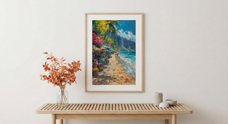 Auckland Market Stall Art Print, Woven Basket Home Decor - New Zealand Town Summer Artwork