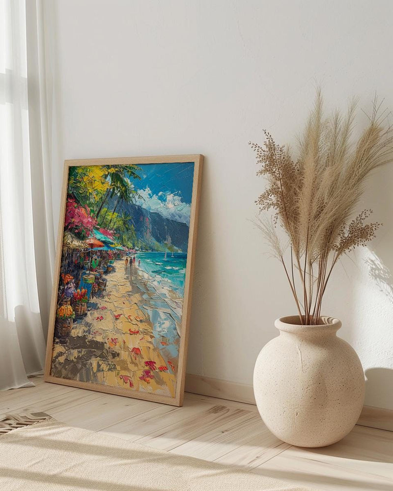 Auckland Market Stall Art Print, Woven Basket Home Decor - New Zealand Town Summer Artwork