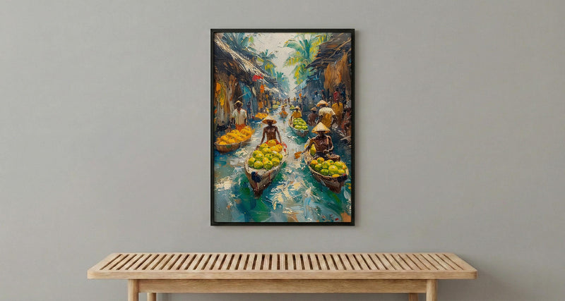 Solomon Canoe Market Coast Poster, Green Coconut Home Decor - Tropical Island Town Summer Paradise