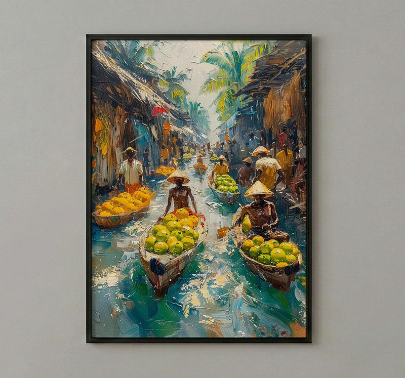 Solomon Canoe Market Coast Poster, Green Coconut Home Decor - Tropical Island Town Summer Paradise