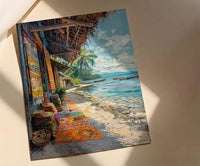 Tonga Craft Market Art Print, Traditional Tapa Home Decor - Woven Mat Town Summer Setting