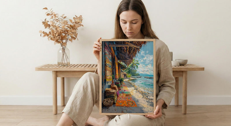 Tonga Craft Market Art Print, Traditional Tapa Home Decor - Woven Mat Town Summer Setting