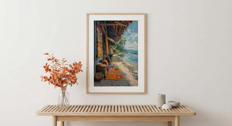 Tonga Craft Market Art Print, Traditional Tapa Home Decor - Woven Mat Town Summer Setting