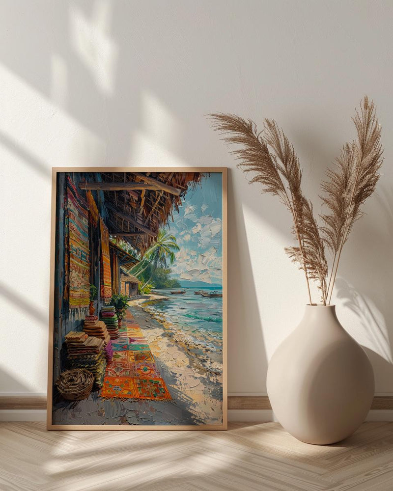 Tonga Craft Market Art Print, Traditional Tapa Home Decor - Woven Mat Town Summer Setting
