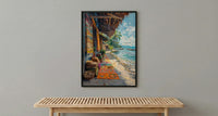 Tonga Craft Market Art Print, Traditional Tapa Home Decor - Woven Mat Town Summer Setting
