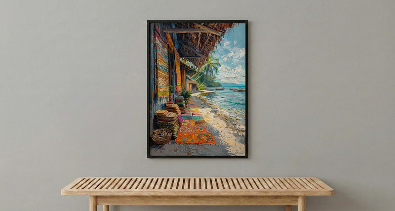 Tonga Craft Market Art Print, Traditional Tapa Home Decor - Woven Mat Town Summer Setting