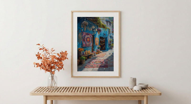 Byron Bay Market Art Print, Boho Artisan Home Decor - Colorful Textile Town Summer Scene