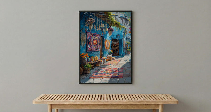 Byron Bay Market Art Print, Boho Artisan Home Decor - Colorful Textile Town Summer Scene
