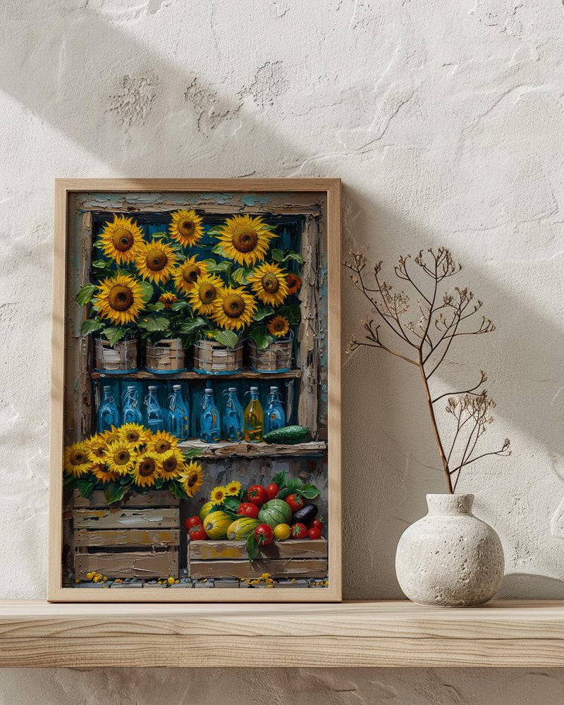 Australia Farm Market Wall Art, Bright Sunflower Home Decor - Rustic Wooden Town Summer Beauty