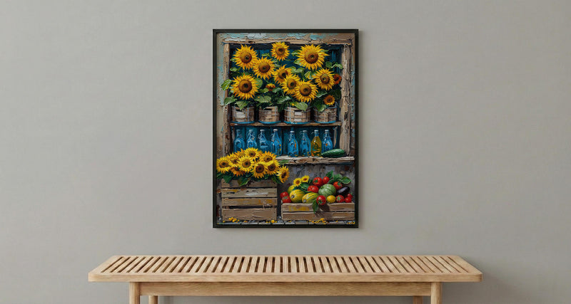 Australia Farm Market Wall Art, Bright Sunflower Home Decor - Rustic Wooden Town Summer Beauty