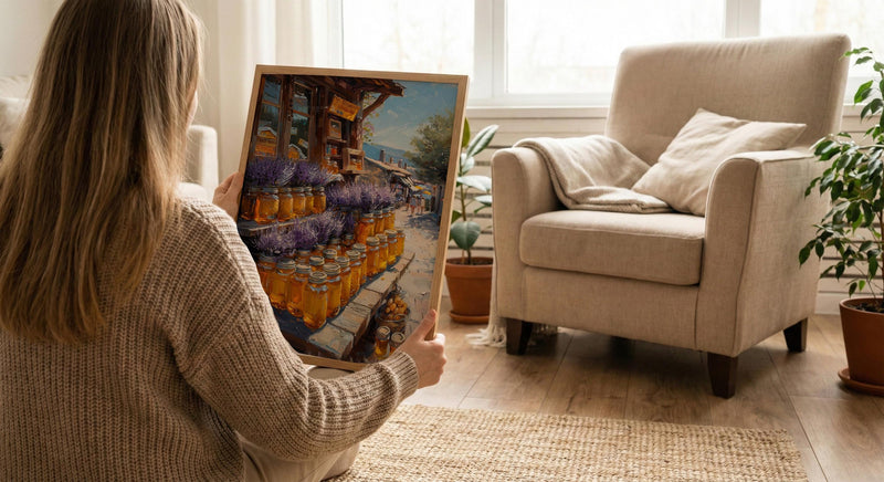 New Zealand Market Wall Art, Purple Lavender Home Decor - Golden Honey Town Summer View