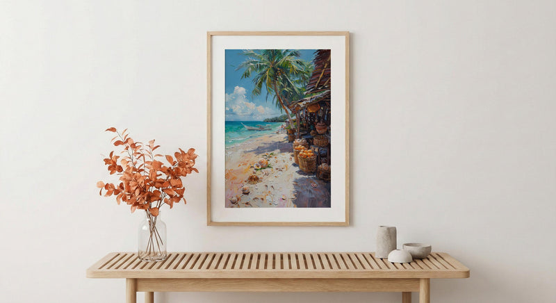 Fiji Seashell Market Coast Poster, Coastal Beach Home Decor - Tropical Island Town Summer Scenery