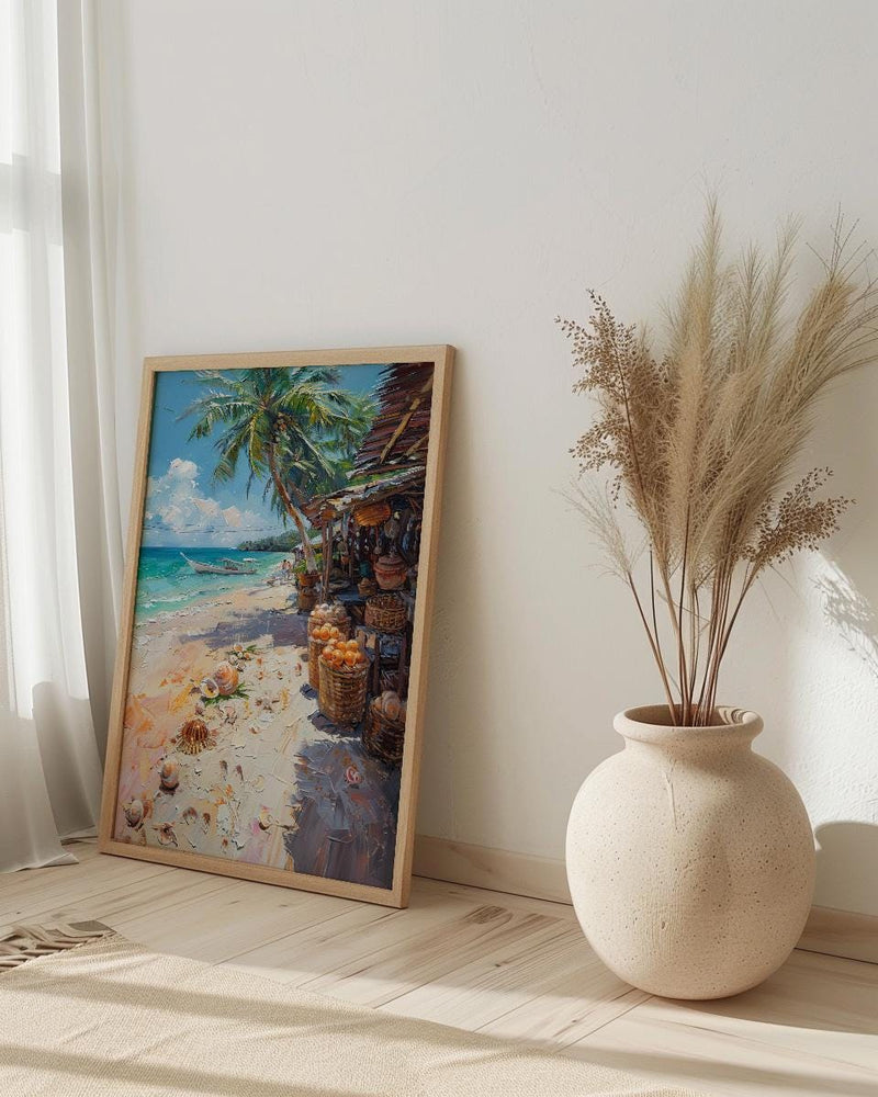 Fiji Seashell Market Coast Poster, Coastal Beach Home Decor - Tropical Island Town Summer Scenery