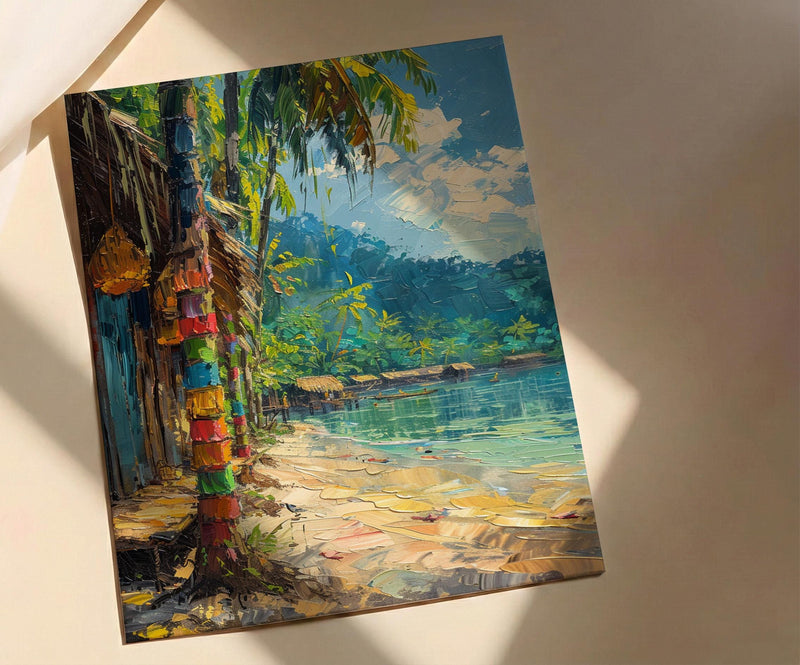 Tribal Bilum Market Town Poster, Colorful Bag Home Decor - Rustic Village Town Summer Scene