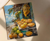 Moorea Fruit Stand Art Print, Green Coconut Home Decor - Tropical Island Town Summer Escape