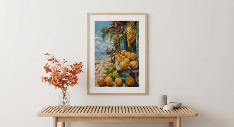 Moorea Fruit Stand Art Print, Green Coconut Home Decor - Tropical Island Town Summer Escape