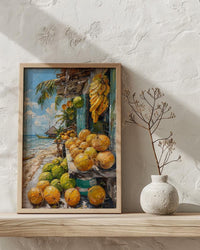 Moorea Fruit Stand Art Print, Green Coconut Home Decor - Tropical Island Town Summer Escape