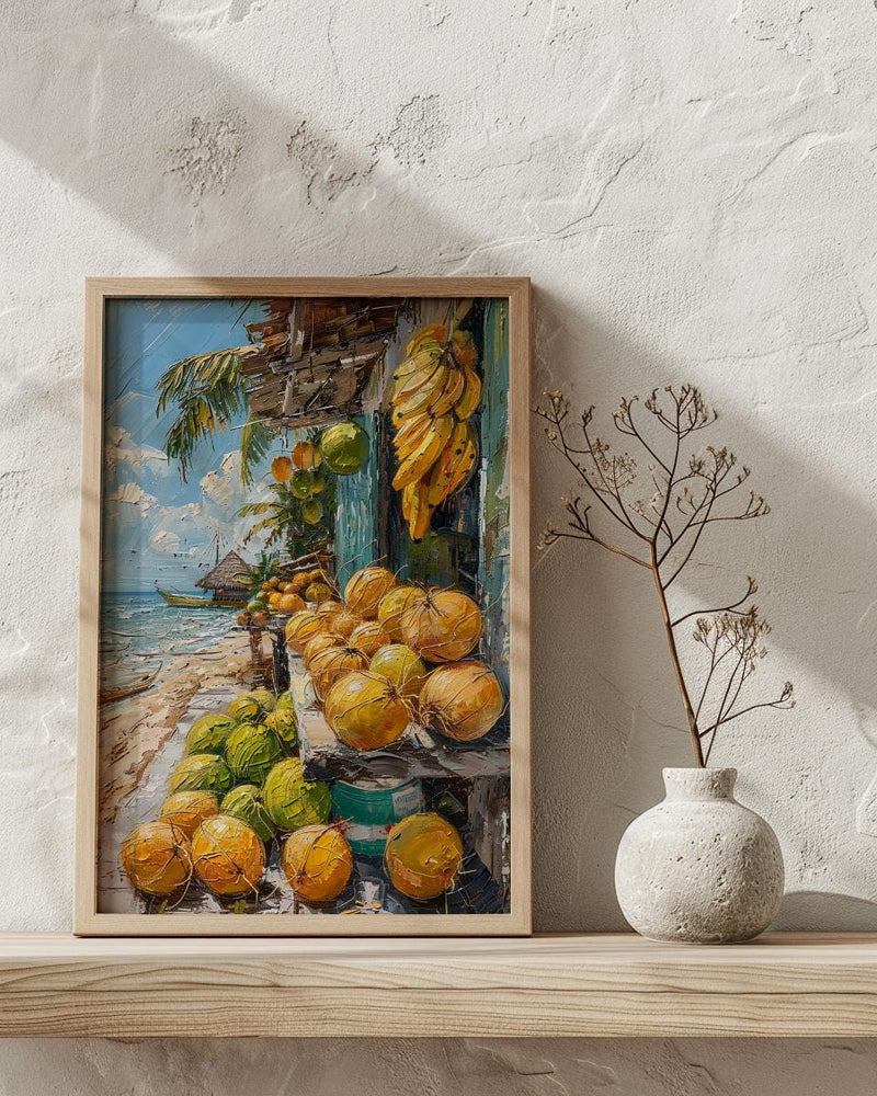 Moorea Fruit Stand Art Print, Green Coconut Home Decor - Tropical Island Town Summer Escape