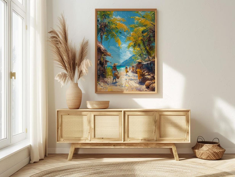 Vanuatu Market Woven Art Print, Palm Basket Home Decor - Tropical Island Town Summer Paradise