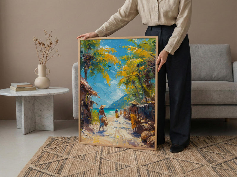 Vanuatu Market Woven Art Print, Palm Basket Home Decor - Tropical Island Town Summer Paradise