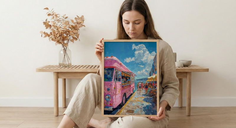 Wellington Food Truck Wall Art, Blue Ocean Home Decor - Vibrant Coast Town Summer Setting