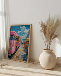 Wellington Food Truck Wall Art, Blue Ocean Home Decor - Vibrant Coast Town Summer Setting