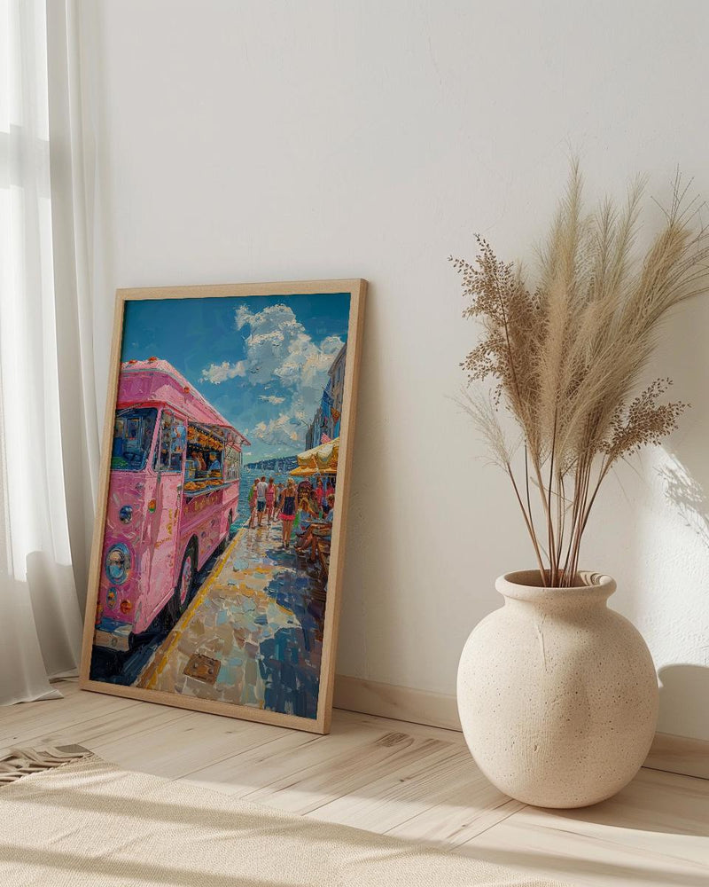 Wellington Food Truck Wall Art, Blue Ocean Home Decor - Vibrant Coast Town Summer Setting