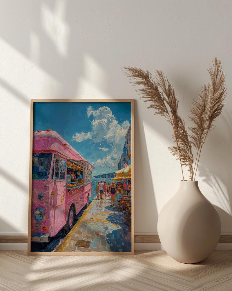 Wellington Food Truck Wall Art, Blue Ocean Home Decor - Vibrant Coast Town Summer Setting