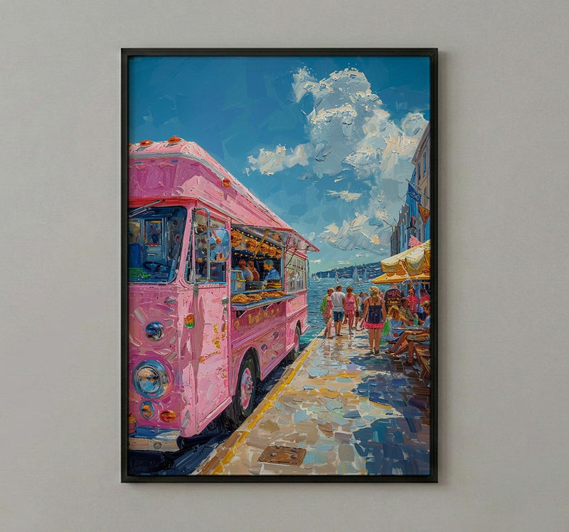 Wellington Food Truck Wall Art, Blue Ocean Home Decor - Vibrant Coast Town Summer Setting