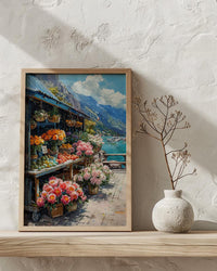 Noumea Port Market Art Print, French Bakery Home Decor - Tropical Floral Town Summer Scene