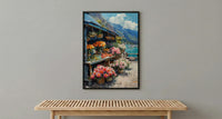 Noumea Port Market Art Print, French Bakery Home Decor - Tropical Floral Town Summer Scene
