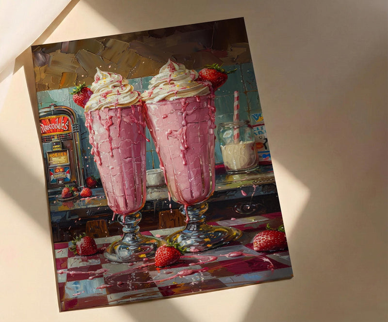 Retro Diner Milkshake Art Print, Vintage American Food Decor - Checkered Counter Summer Sun