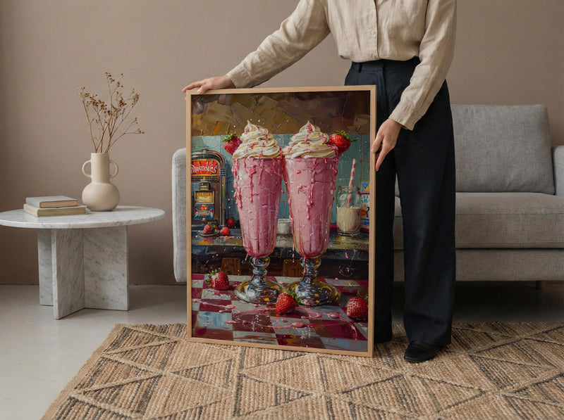 Retro Diner Milkshake Art Print, Vintage American Food Decor - Checkered Counter Summer Sun