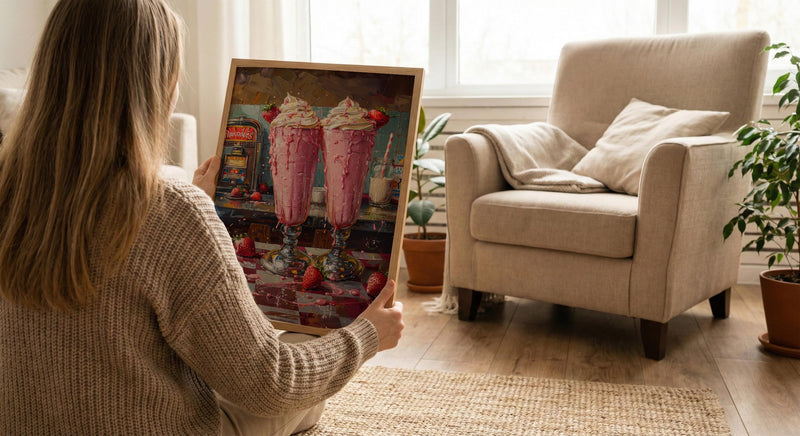 Retro Diner Milkshake Art Print, Vintage American Food Decor - Checkered Counter Summer Sun