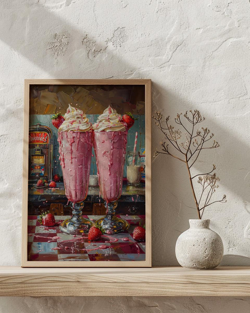 Retro Diner Milkshake Art Print, Vintage American Food Decor - Checkered Counter Summer Sun