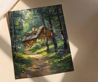 Wooden A Frame Cabin Poster, Lush Green Forest Decor - Warm Summer Sunlight View
