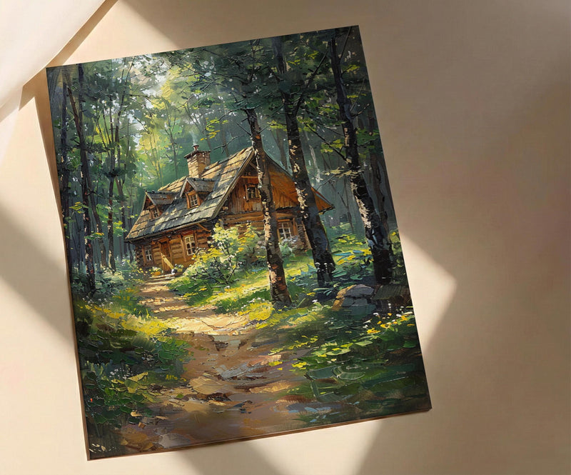 Wooden A Frame Cabin Poster, Lush Green Forest Decor - Warm Summer Sunlight View