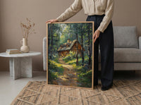 Wooden A Frame Cabin Poster, Lush Green Forest Decor - Warm Summer Sunlight View