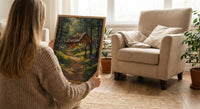 Wooden A Frame Cabin Poster, Lush Green Forest Decor - Warm Summer Sunlight View